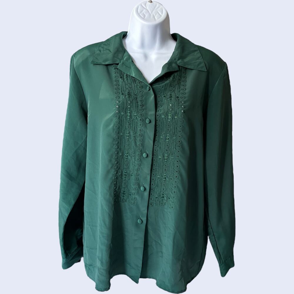 Baxter & Wells Vintage Embroidered Beaded Blouse - Green Collared 90s Minimalist